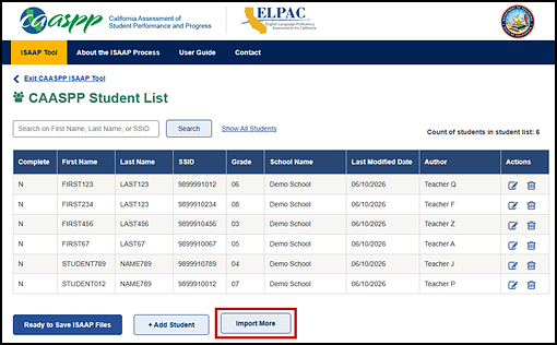 Student List screen with the Import More button indicated.
