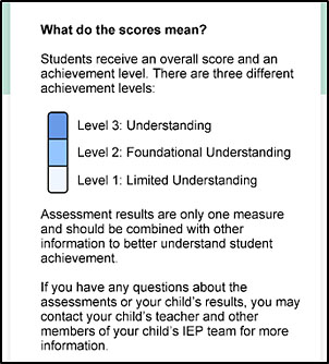 A description of the scores for overall achievement levels on the first page of an SSR.