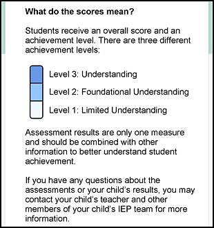 A description of the scores for overall achievement levels on the first page of an SSR.