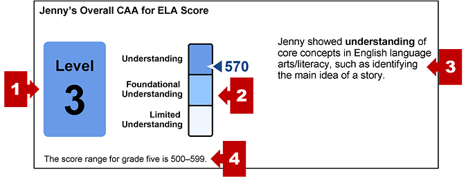 The section on an SSR with the student's overall content-area score and callouts indicating the achievement level, a measurement gauge, a performance summary, and statement of score ranges.