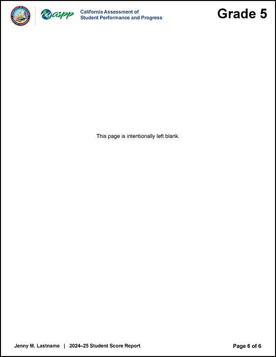 Sample grade five CAASPP Smarter Balanced and CAST SSR, page 6, which says "This page is intentionally left blank."