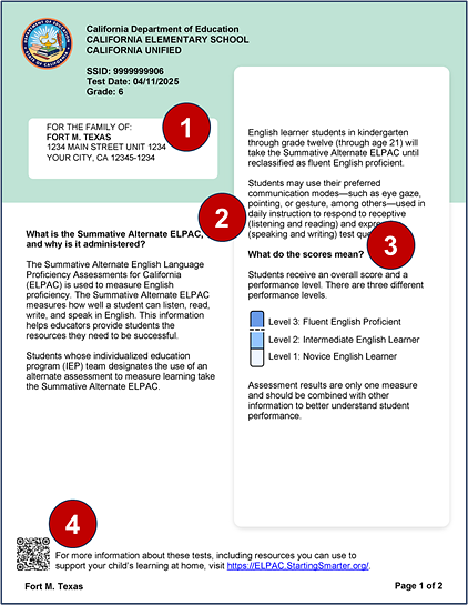 Sample grade six Summative Alternate ELPAC SSR, page 1, with callouts indicating student information, descriptions of the Summative Alternate ELPAC and scores, and a QR code for additional information.