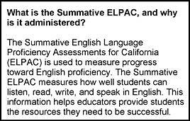 A description of the Summative ELPAC and its standards on the first page of an SSR.