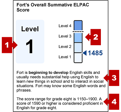 The section on an SSR with the student's overall score and callouts indicating the performance level, a measurement gauge, a performance summary, and statement of score ranges.