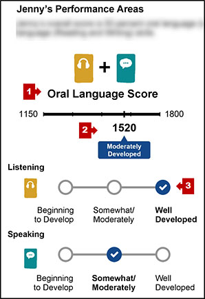 Performance areas section on an SSR with callouts indicating the name of the composite, student's score and performance level for the composite, and a bar graph indicating domain performance.