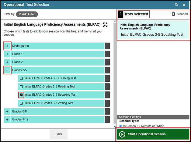 Operational Test Selection screen with the list of available items expanded with the plus-sign icon, minus-sign icon, marked checkbox, Tests Selected section, and Start Operational Session button indicated