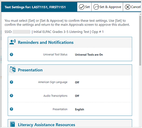 Test Settings screen for a selected student with the Set, Set & Approve, and Cancel buttons indicated
