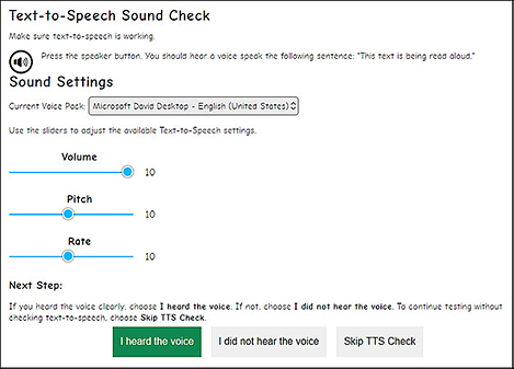 Text-to-Speech Sound Check page.