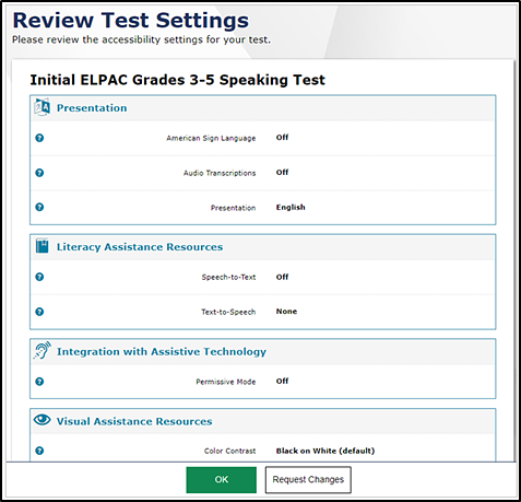 Review Test Settings screen.
