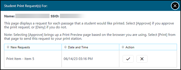 Student Print Request window with one item in the queue.