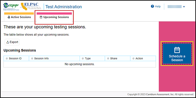 Test Administration screen with the Upcoming Session tab and the Schedule a Session button indicated.