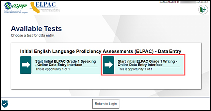 Available Tests screen with the Initial ELPAC Writing test selected for the student's applicable grade level or grade span.