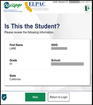 Is This the Student? screen showing student information and the Next and Return to Login buttons.