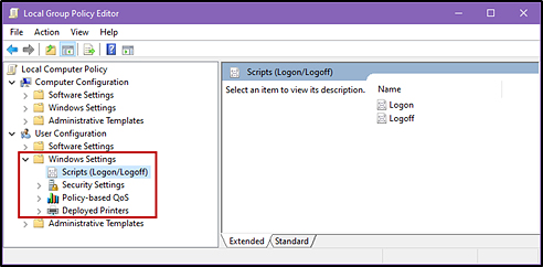 Local Group Policy Editor window with the Scripts (Logon/Logoff) option indicated.