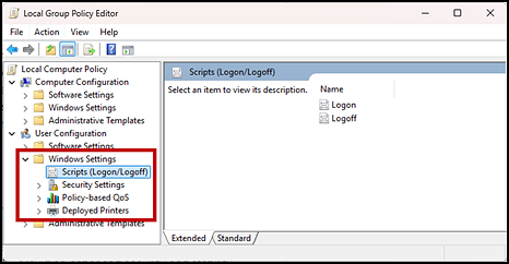 Local Group Policy Editor window with the Scripts (Logon/Logoff) option indicated.