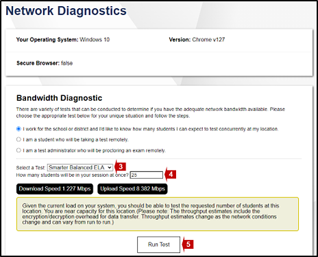 Bandwidth Diagnostic section of the Network Diagnostics screen with callouts indicating the test drop-down list, number of students, and Run Test button.