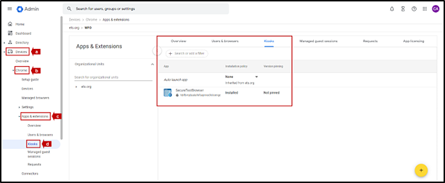 Admin screen with the Devices, Chrome, Apps & extensions, and Kiosks items indicated on the left and the Kiosks tab indicated in the Apps & Extensions section on the right