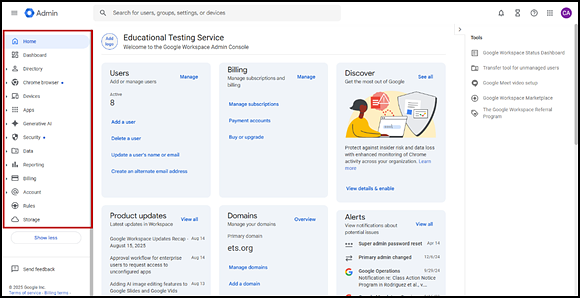 Google Admin Console with the selection panel indicated.