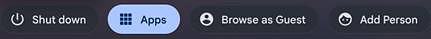 Chromebook logon screen with the Apps option shown as a blue oval.