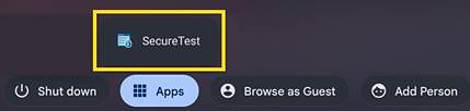 Chromebook logon screen with the SecureTestBrowser app indicated.