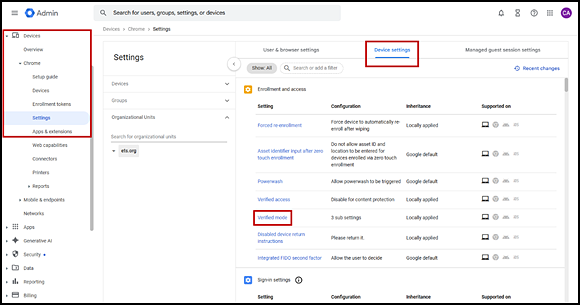 Admin screen with the Devices, Chrome, Settings section indicated on the left and the Device settings tab indicated in the Settings section on the right.