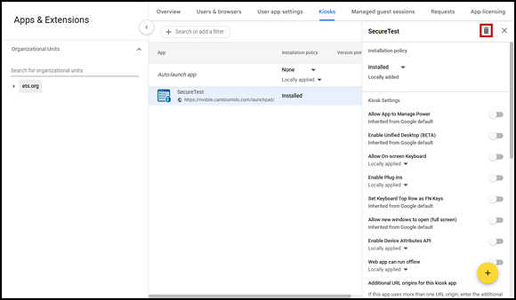 SecureTest settings panel with the Remove trash-can icon indicated.
