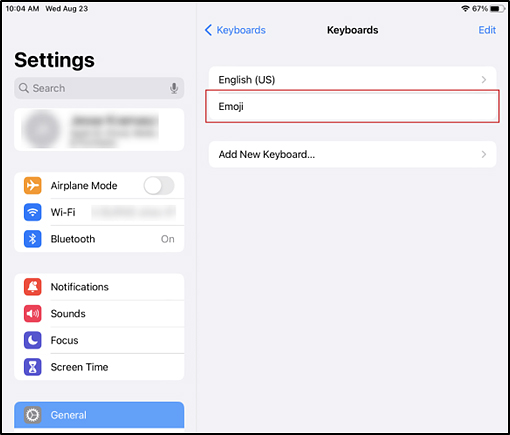 Keyboards panel in the iPadOS Settings interface with the Emoji option indicated.