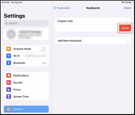 Keyboards panel in the iPadOS Settings interface with the Delete button indicated.
