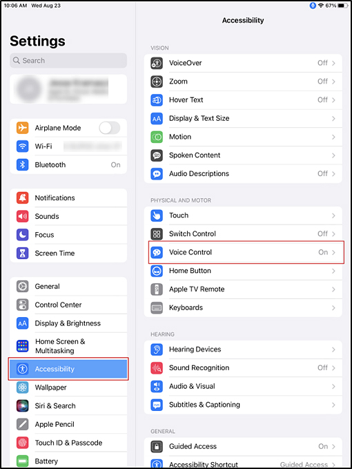 Accessibility panel in the iPadOS Settings interface with Accessibility button and Voice Control option indicated.