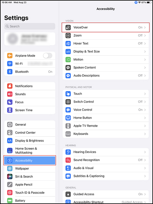 Accessibility panel in the iPadOS Settings interface with Accessibility button and VoiceOver option indicated.