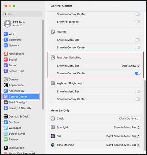 Control Center section of System Settings interface with Control Center option and Fast User Switching section indicated.