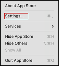App Store menu bar options with Settings indicated