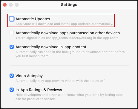 App Store Settings with the Automatic Updates checkbox indicated.