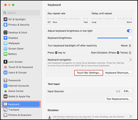 Keyboard section of System Settings interface with Keyboard option and Touch Bar Settings button indicated.