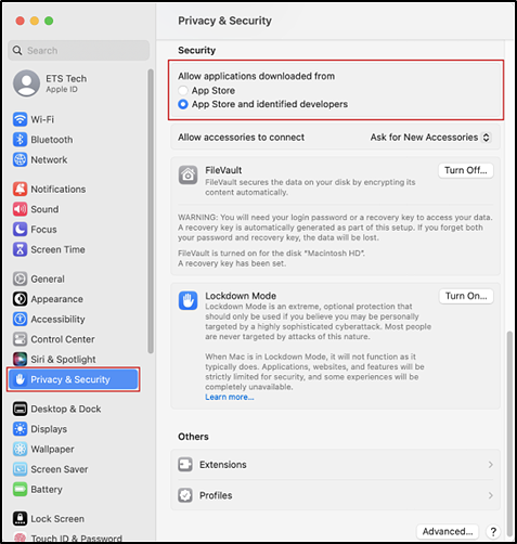 System Settings interface with the Privacy & Security button and 'Security' section indicated.