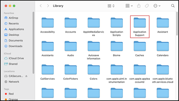 Library interface with the Application Support folder indicated.