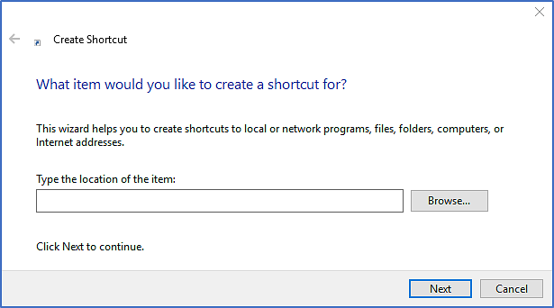 Create Shortcut dialog box