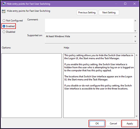 Hide entry points for Fast User Switching with the Enabled radio button and the OK and Apply buttons indicated.