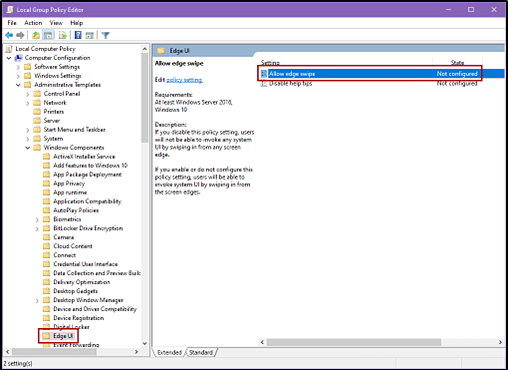 Edge UI panel in the Local Group Policy Editor with the Allow edge swipe setting indicated.