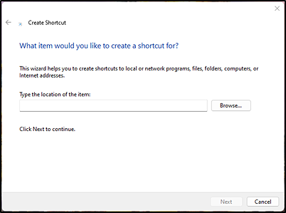 Create Shortcut dialog box.