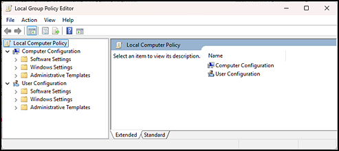 Local Group Policy Editor window.