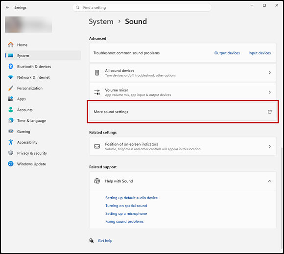 Sound settings screen with the More sound settings button indicated in the "Advanced" section.