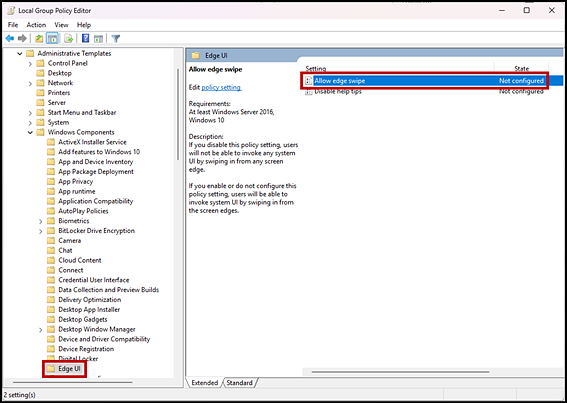 Edge UI panel in the Local Group Policy Editor with the Allow edge swipe setting indicated.