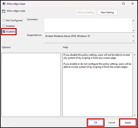Allow edge swipe with the Disabled radio button and the OK and Apply buttons selected.
