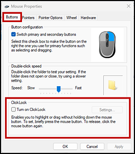 Mouse Properties dialog box with the ClickLock section of the Buttons tab indicated.