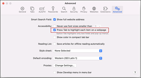 Safari Advanced preferences window with the "Press Tab to highlight each item on a webpage" option indicated.