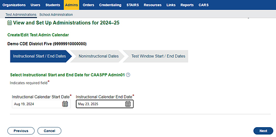 Instructional Calendar Start/End Dates screen.