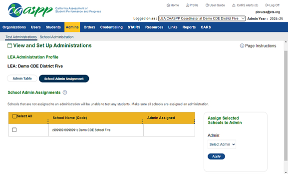 School Admin Assignment tab for CAASPP.