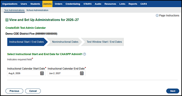 Instructional Calendar Start/End Dates progress step.