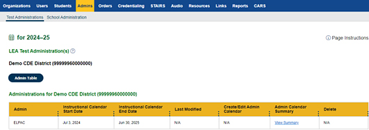 LEA Test Administration(s) screen with ELPAC administrations table.